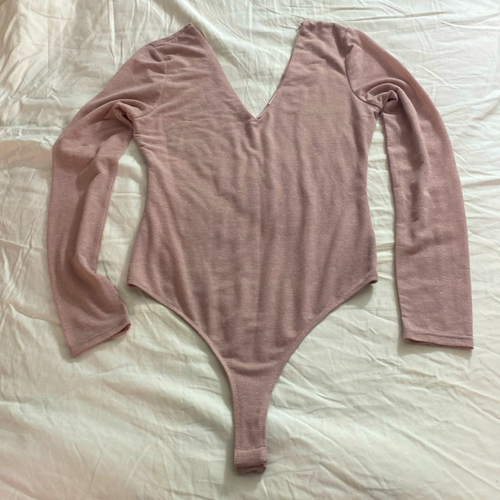 New-Pink Metallic Plunging V-Neck thong Bodysuit